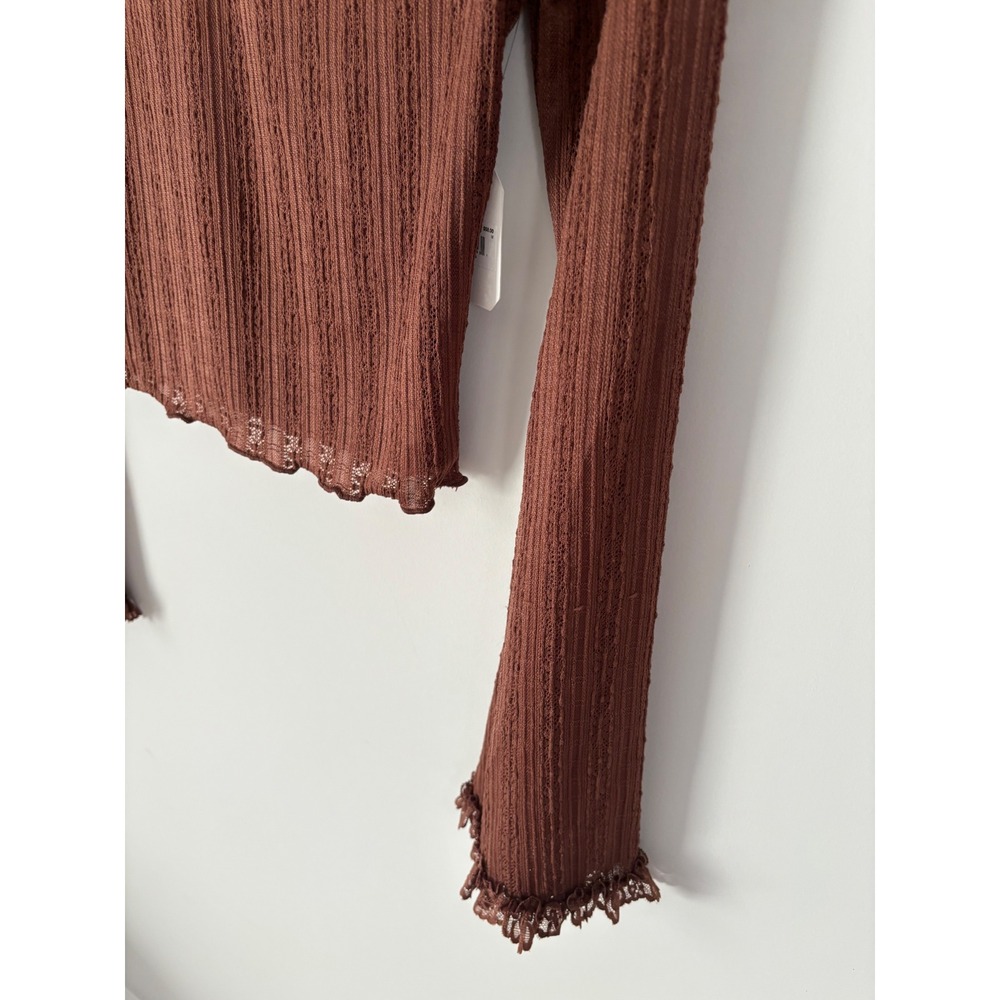 Altar'd State Brown Pointelle Lace Mock Neck Bell Sleeve Top cottagecore NWT M - Picture 6 of 11